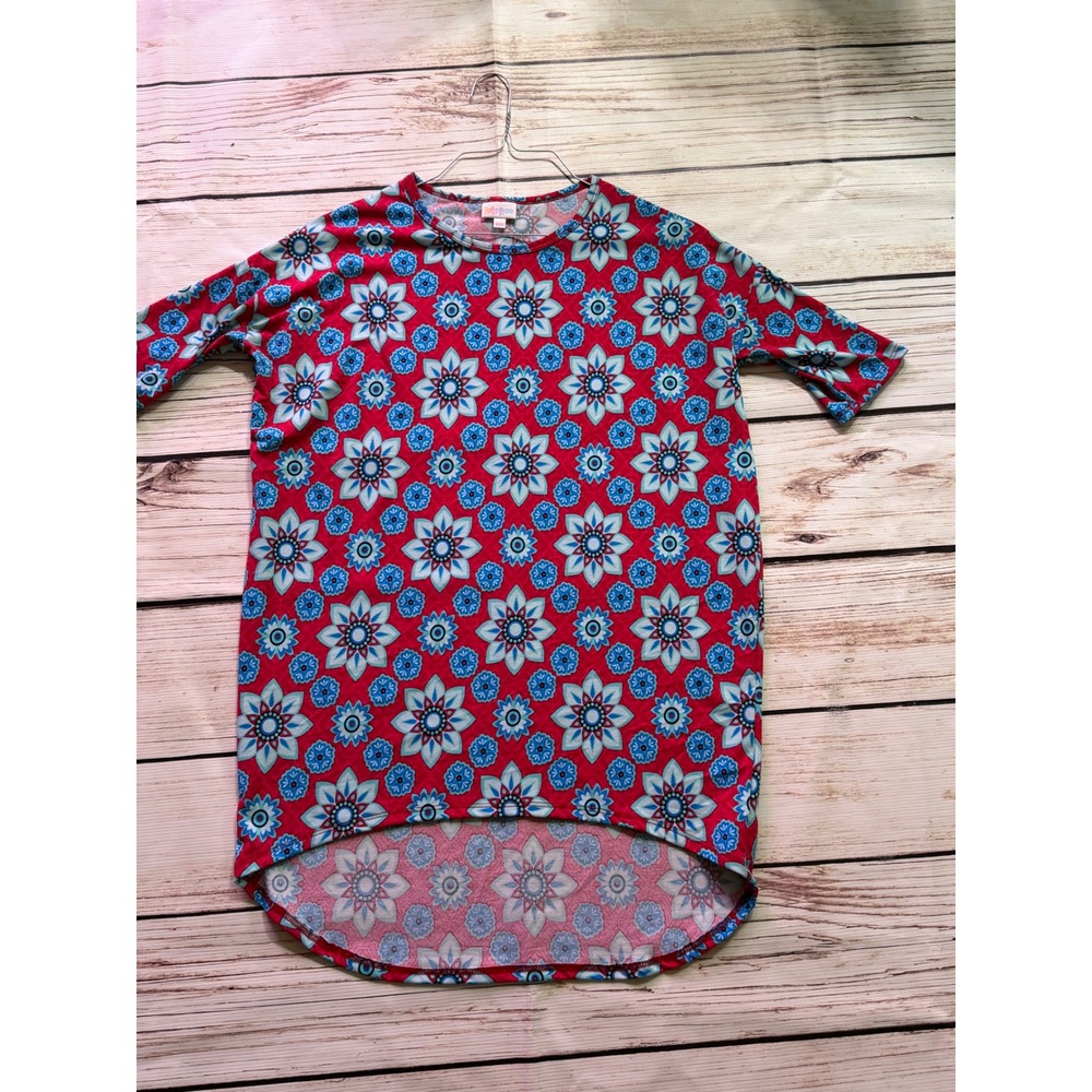 LuLaRoe Irma Tunic Top XXS Red Blue Floral Medallion High Low Short Sleeve Shirt